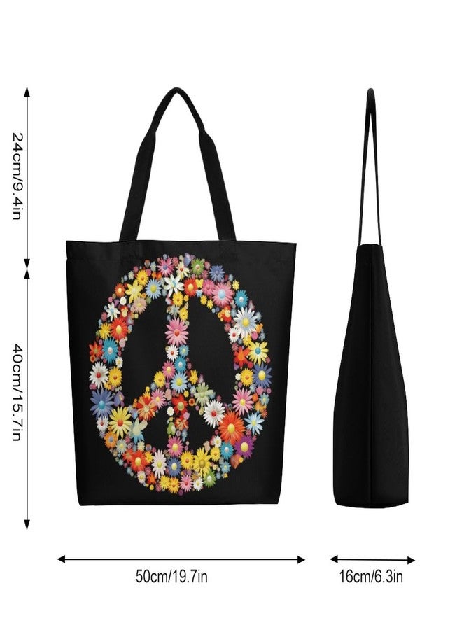 Muishi Hippie Flowers Daisies Peace Sign Canvas Tote Bag Large Women Casual Shoulder Bag Handbag Reusable Beach Shopping Grocery Bag For Outdoors - Image 2